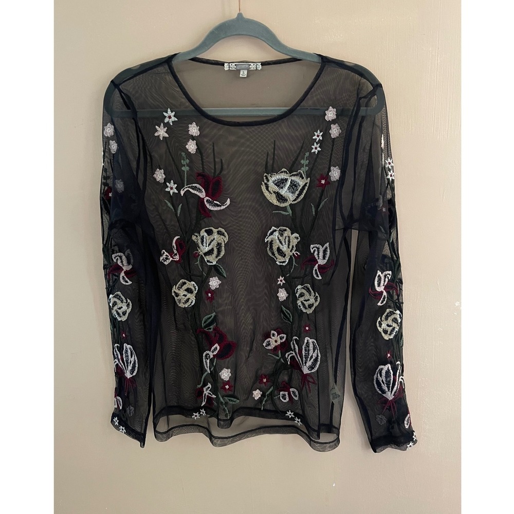 Gimmicks by BKE Black Sheer Mesh Floral Embroidered Top L-Romantic Goth - Picture 5 of 8